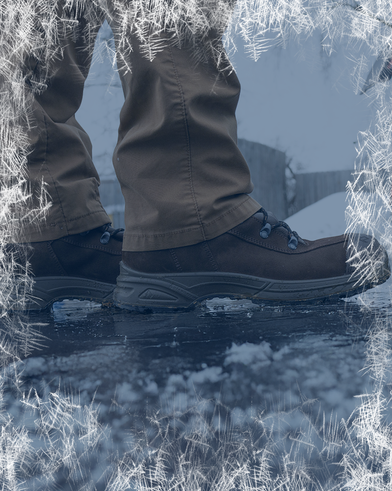 Winter boots category featuring Airpower XR23 work boots displayed outside on a snowy surface with a frost border effect